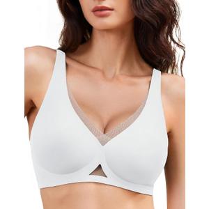 Deep V Bras for Women No Underwire Seamless Wireless Plunge Bra | Jelly Bra, Breathable Bralettes, Support Lift, Underoutfit Bra, U-back/X-back, Comfortable Semi-fixed Pads, Bra Extender (White, XXL)