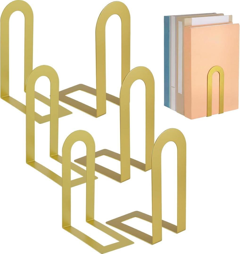 Chunful 6 Pcs Gold Book Ends for Shelves Decorative Small Modern Metal Bookends Book Shelf Organizer Minimalist Design Stopper to Hold Books for Home Office(5.5 * 3.75 * 2.25inch)