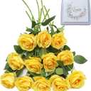 LVEFIT 12 Pcs Yellow Flowers Artificial Roses Fake Flowers with Long Stem Silk Roses Faux Roses for Wedding Bouquet Bridal Shower Party Home Table Centerpieces DIY Florals Decoration