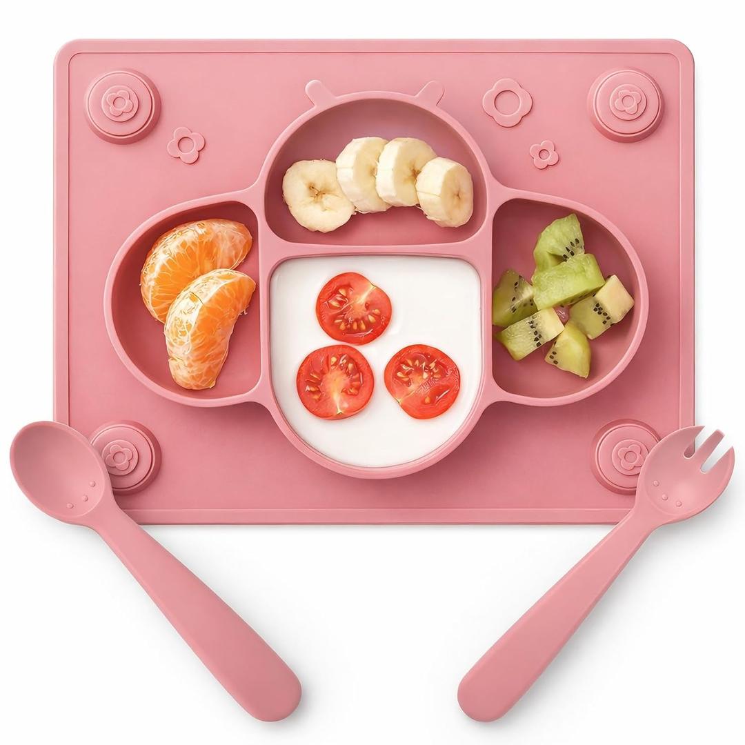 ROCCED Suction Plates for Baby Placemat Spoon Fork Set for Toddlers, Silicone Baby Plates with Suction Baby Dishes for Kids Plates-pale mauve