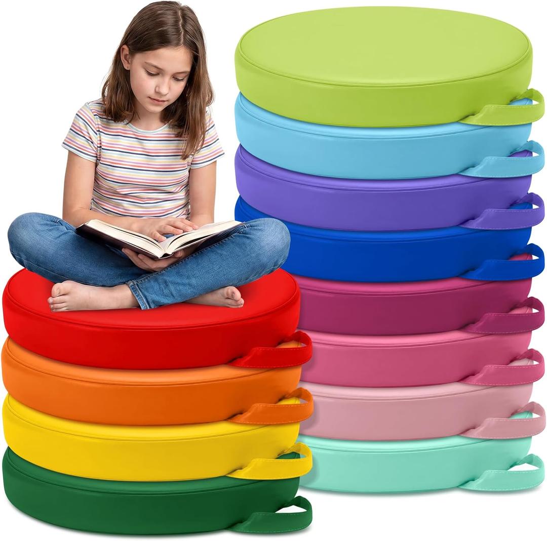 Gerrii 12Pcs Floor Cushions for Classroom,15 in Extra Thick Flexible,Multi | Classroom Floor Cushions with Handles Round Seat Pillows PU Leather Pads for Kids Kindergarten Preschool Daycare Nursery