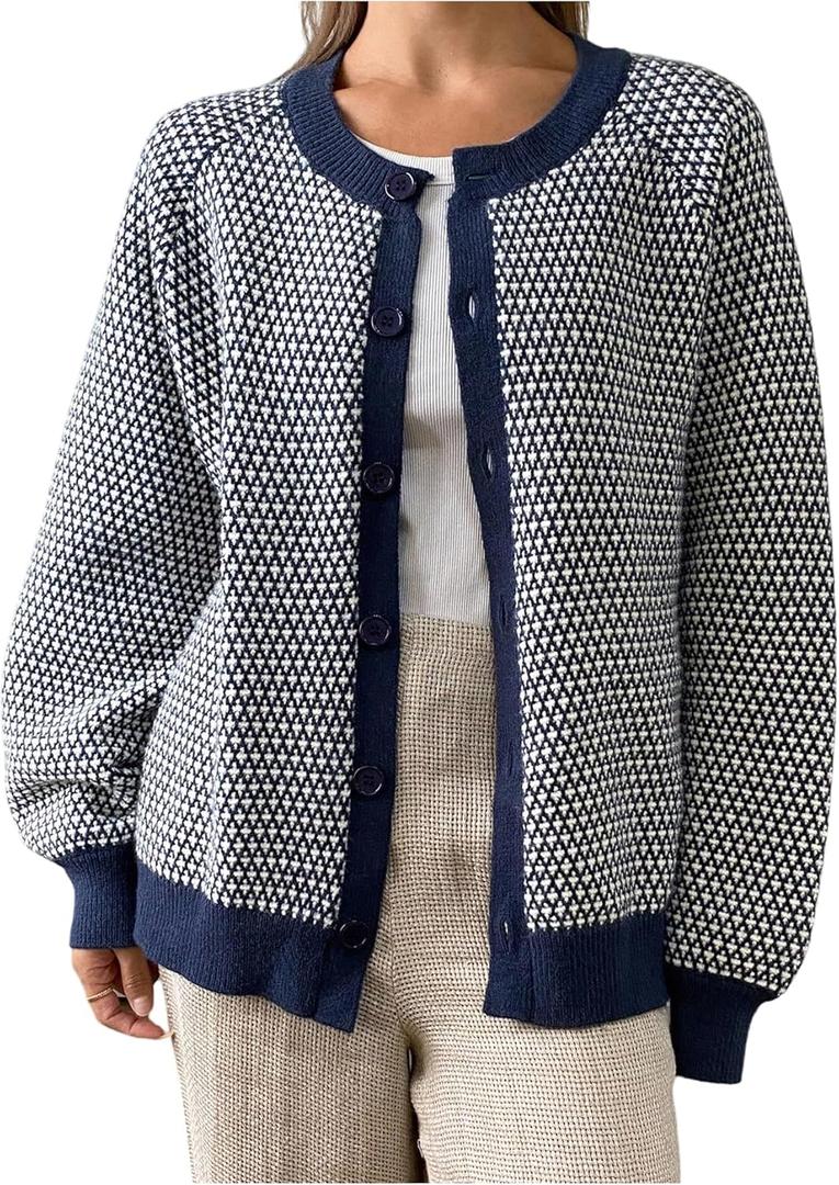 RoseSeek Women's Plaid Button Down Cardigans Crew Neck Long Sleeve Sweaters Knit Tops (M)