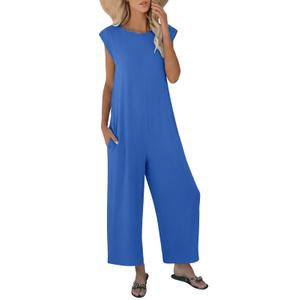 Nfsion Women's Summer Casual Round Neck Loose Cap Sleeve Long Pants Vacation Jumpsuit Romper with Pockets Medium Blue