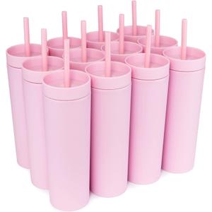STRATA CUPS Pink Skinny Tumblers with Lids and Straws (12 pack) - 16oz Double Wall Acrylic Tumbler, Tall Matte Skinny Tumblers, Bulk with Free Straw Cleaner, Reusable Cups