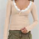 Women's Long Sleeve Lace Scoop Neck Shirts Ribbed Casual Slim Fitted Basic Tee Tops (M)