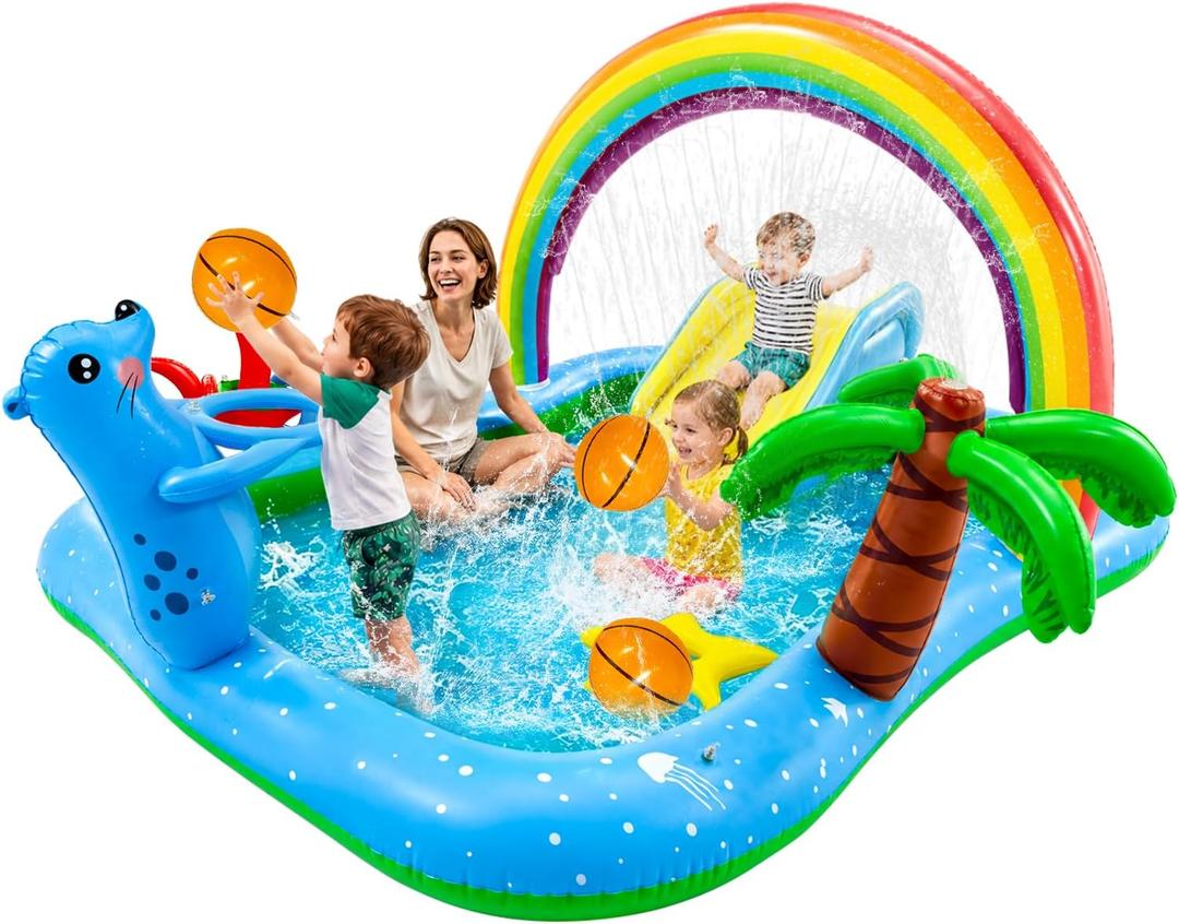 Inflatable Play Center Pool with Water Slide, 90.6 X 77.6in Rainbow Sprinkler Arch & Seal Design Kiddie Pool for Kid's Summer Backyard Splash Toy with Slide, Sprinkler & Play Area