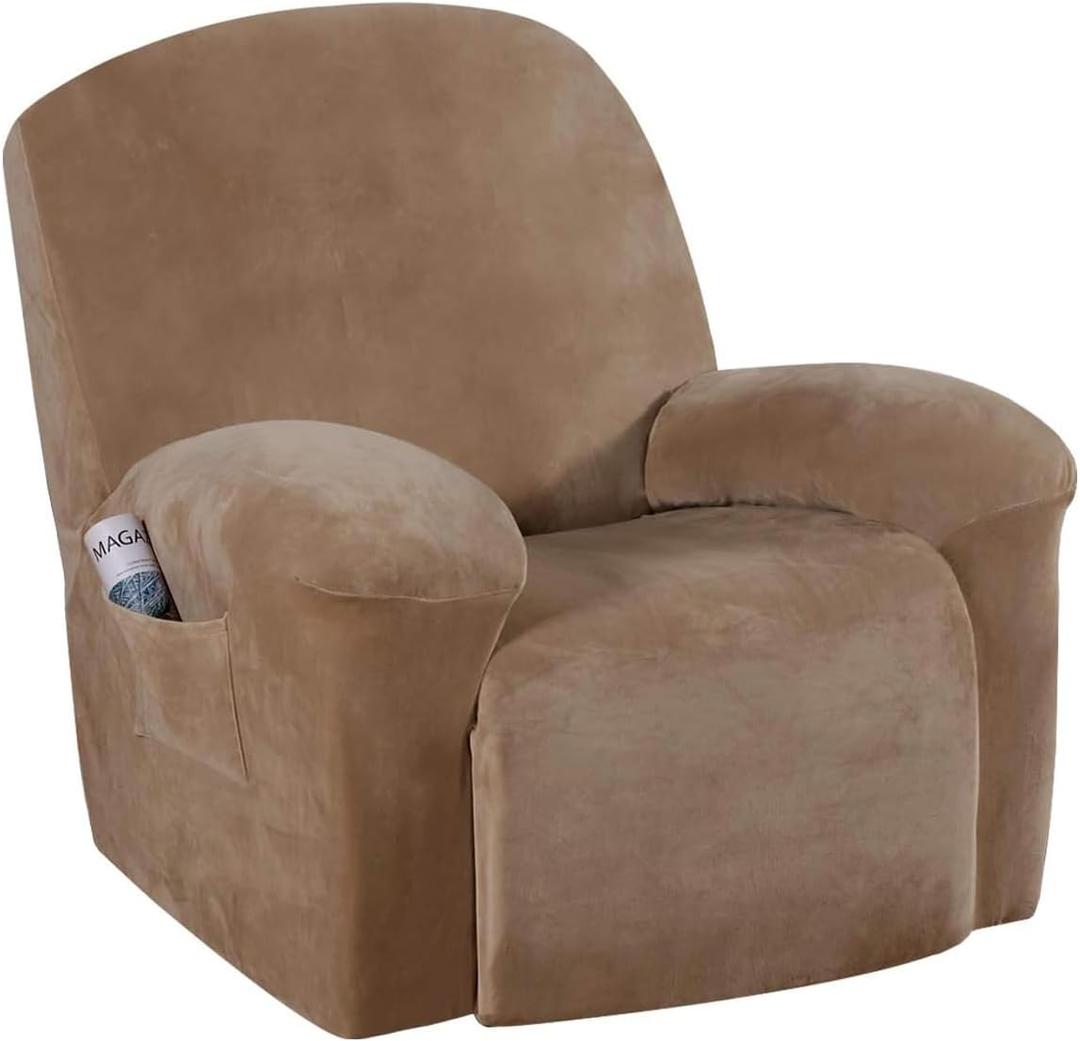 H.VERSAILTEX Stretch Recliner Cover for Lazy Boy Recliner Chair with Pocket, Nonslip Feature, Elastic Bottom, Velvet Soft Fabric (Camel, Large)
