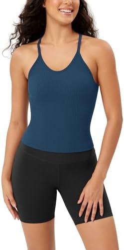 ODODOS Women's Crop Seamless Rib-Knit Camisole Strappy Racerback Cropped Tank Tops M/L
