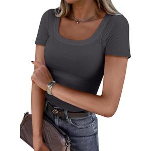 ANRABESS Women Short Sleeve Tops Scoop Neck Ribbed Knit Slim Fitted Basic Tee Shirts Casual Summer Clothes 2025 Fall Outfits (X-Small, Dark Grey)