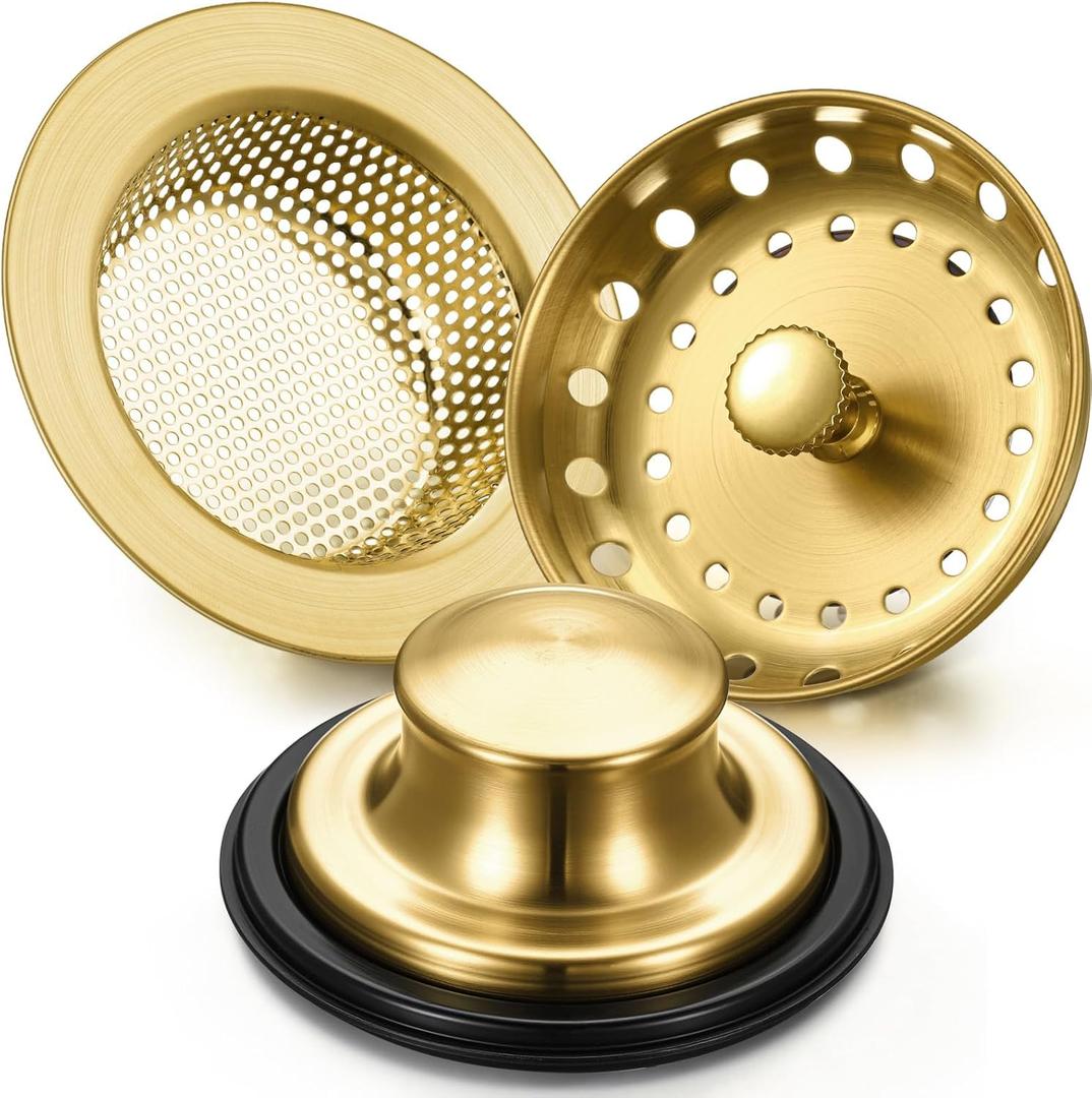 Mudder 3 Pcs Kitchen Sink Drain Strainer and Stopper Stainless Steel Garbage Disposal Plug with Handle Universal Anti-Clogging Kitchen Sink Filter Sieve Basket Strainer(Antique Gold)