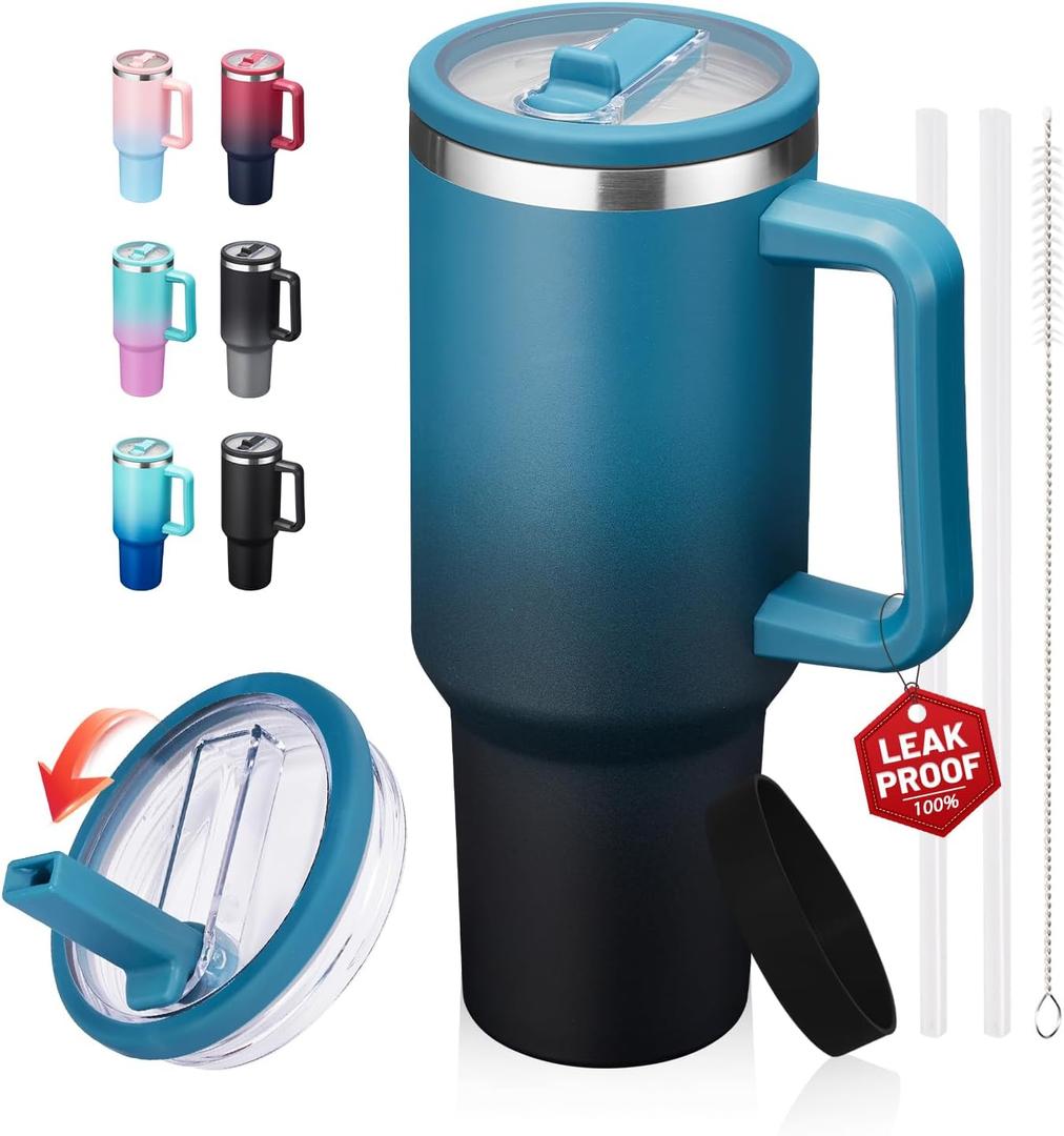 40oz Tumbler with Handle and Flip Straw, Travel Water Cup with Leakproof Lid for Keep Cold 34hrs & Hot 10Hras, Reusable Stainless Steel Water Bottle Fits in Cup Holder (Indigo Black)
