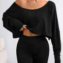 Hilinker Womens Off Shoulder Long Sleeve Crop Tops Sexy Boat Neck Loose Casual T Shirt (Black)