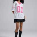 Women's Number Print Mesh Oversized Jersey Shirts Striped Trim Half Sleeve Baggy Camo Graphic Tees (L)