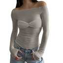 Women's Sexy Crop Top Long Sleeve Off Shoulder Going Out Tops Slim Fit Mesh Ruched Twisted Blouse Y2K T Shirt L