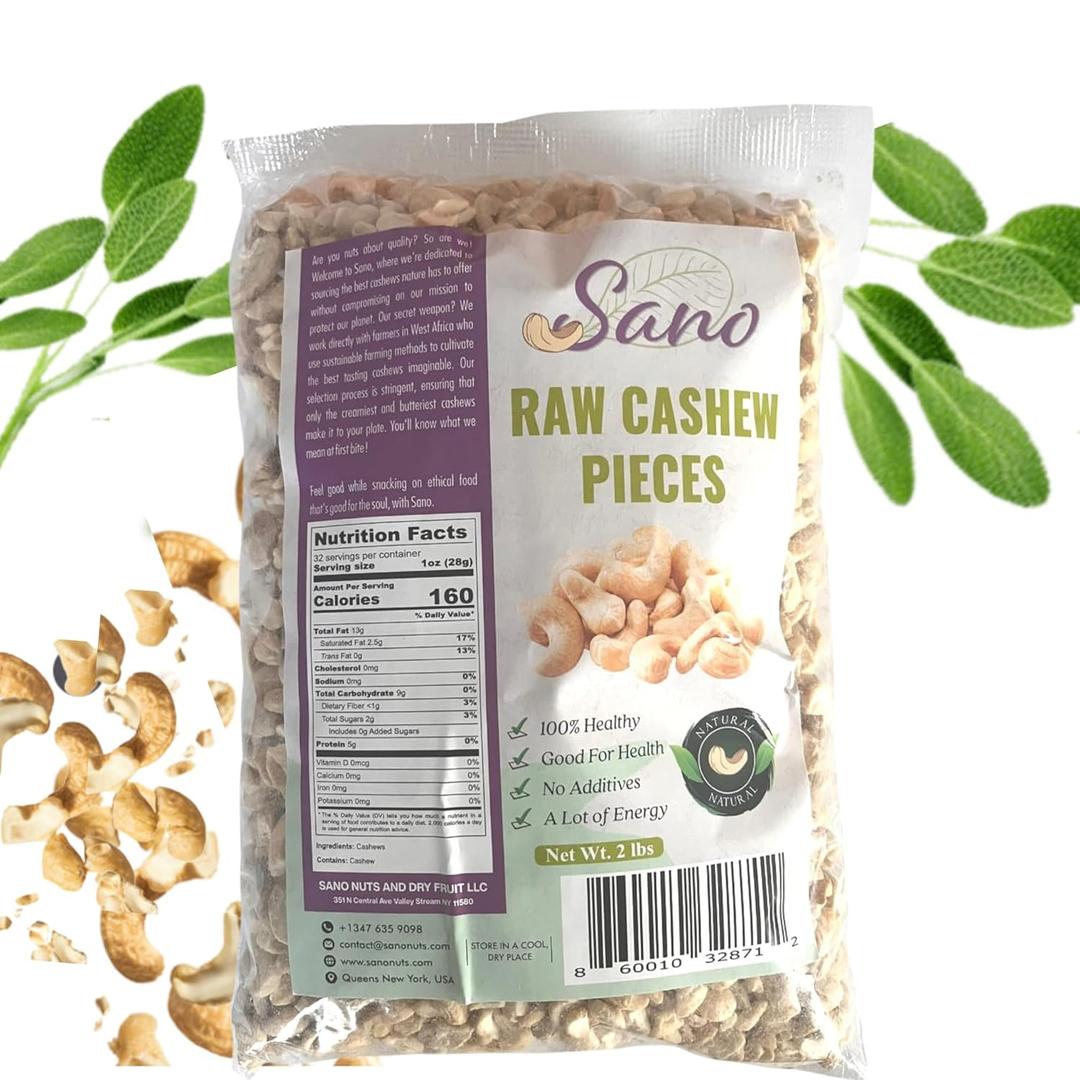 SANO Raw Cashew Pieces 32oz (2lb) Cashews Nuts, Fresh Unsalted cashew in Resealable Pack, No Salt Cashews Nuts, Raw Cashew Unsalted for Snacking & Cooking & Vegan Recipes (EXP 02/15/26)