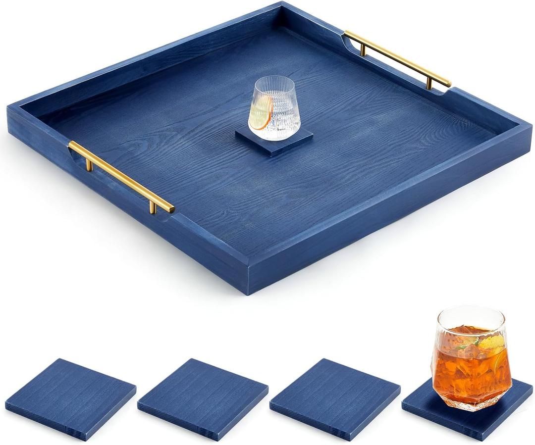 Remagr 24'' Square Extra Large Ottoman Tray, Wood Serving Tray with 4 Coasters and Metal Handles Decorative Coffee Table Platter for Living Room Sofa Food Tea Server Housewarming Home Gift(Blue)