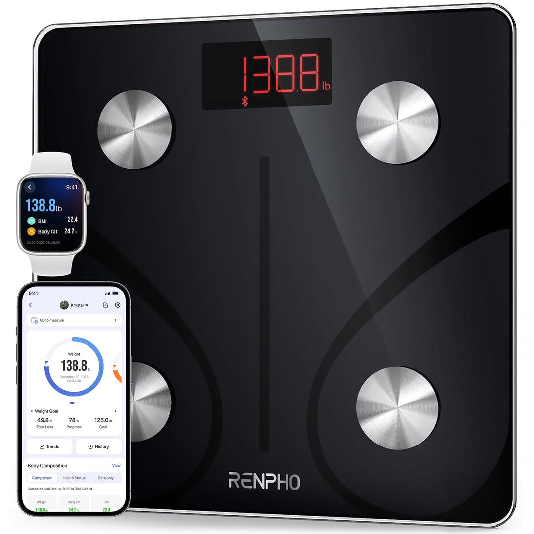 RENPHO Scale for Body Weight 500 lbs, Extra-High Capacity Smart Bathroom Scale with Ultra Wide Platform 12 x 12 inches, Body Fat Scale with Large LED Display, Health Monitor Sync App, Elis 1 L