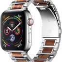 iiteeology Compatible with Apple Watch Band, Natural Wooden Steel Link Bracelet for iWatch Series 1-11 42mm 41mm 40mm 38mm - Silver