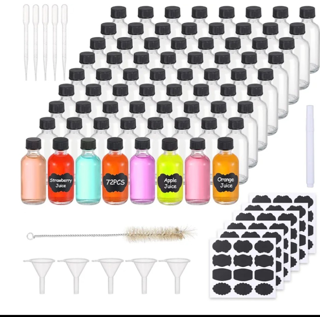 72, 2oz Small Clear Glass Bottles with Lids Boston Round Sample Bottles for Essential Oil Vanilla Hot Sauce Juice Whiskey Bourbon Liquid come with 5 Funnels, 5 Droppers, 72 Labels, 1Brush&Chalk Marker