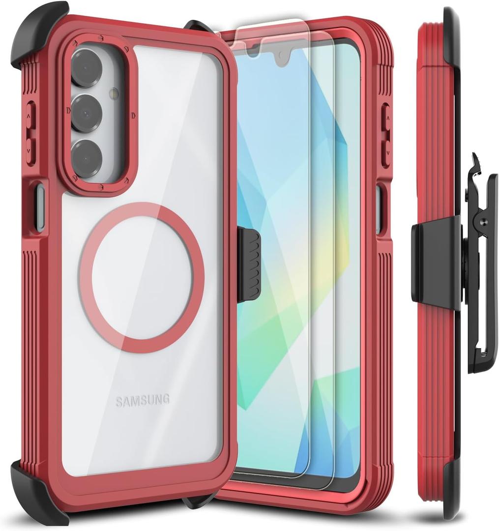 for Samsung Galaxy A16 5G Case, [Transparent & Holster Series] Belt Clip Full Body Shockproof Protective Cell Phone Cover with 2 Pack Tempered Glass Screen Protector (Red/Clear)