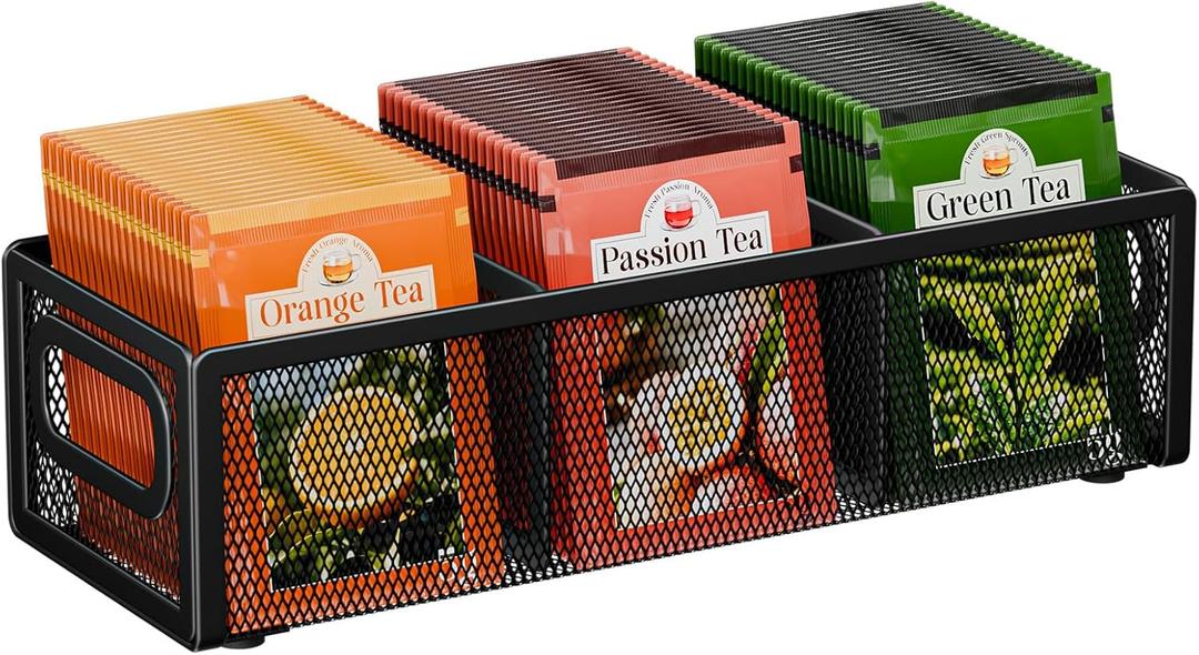 Tea Bag Organizer, Mesh Tea Bag Holder with Handle, Teabag Holder, Tea Station Organizer for Countertop, Pantry, Kitchen, Cabinet - Black (1 Tire)