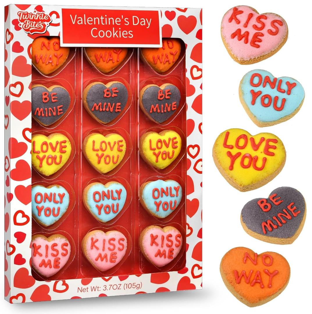 15 Pack Valentines Day Heart Cookies 15 Assorted Message Cookies in a Nice Gift Box Cute Love Notes, Sweet Treat for Kids, Couples & Parties BBD: 10/25/26
