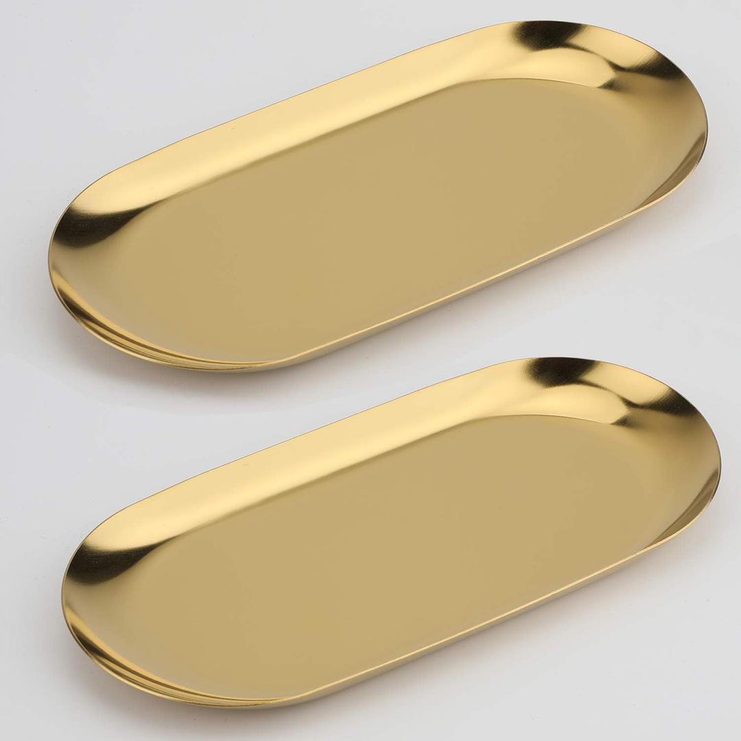 Stainless Steel Decorative Tray 7 Inch Long, Jewelry Dish Cosmetics Organizer Bathroom Clutter Serving Platter Small Storage Tray, Oval, Gold