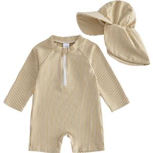 Baby Boys Girls Swimsuit One Piece Striped Zipper Bathing Suit Rash Guard Long Sleeve Seersucker Swimwear Sunsuit