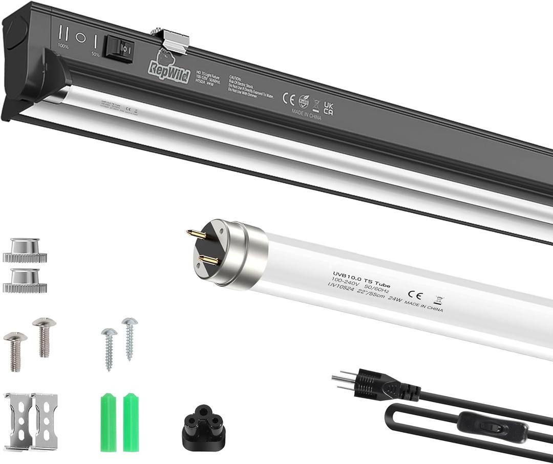 T5 HO 10.0 UVB Light for Reptiles, 24W Light Fixture Combo Kit with Switchable 5.0 & 10.0 UVB Output, 22" Tube UVA UVB Reptile Light for Reptile Eco-Tanks and Aquariums