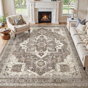 8x10 Washable Area Rugs for Living Room, Large Rug Non Slip Backing Vintage Distressed Stain Resistant Soft Low Pile Indoor Carpet for Bedroom Dining Room Kid & Pet Friendly-Brown