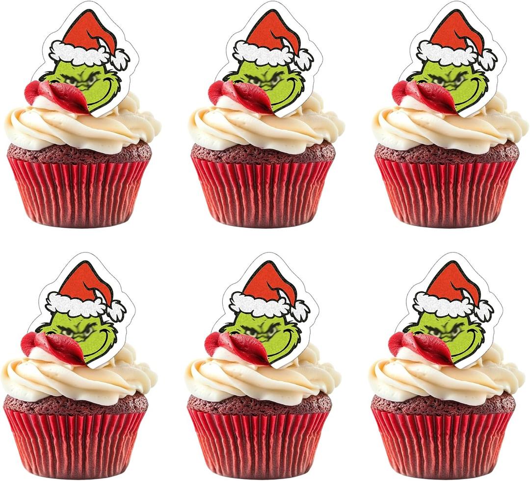 50 PCS Edible Christmas Cupcake Toppers Green Monster Man Cake Toppers Wafer Paper Christmas Birthday Decorations for Edible Merry Xmas Theme Baby Shower Birthday Party Cake Decorations Supplies (Style 1)