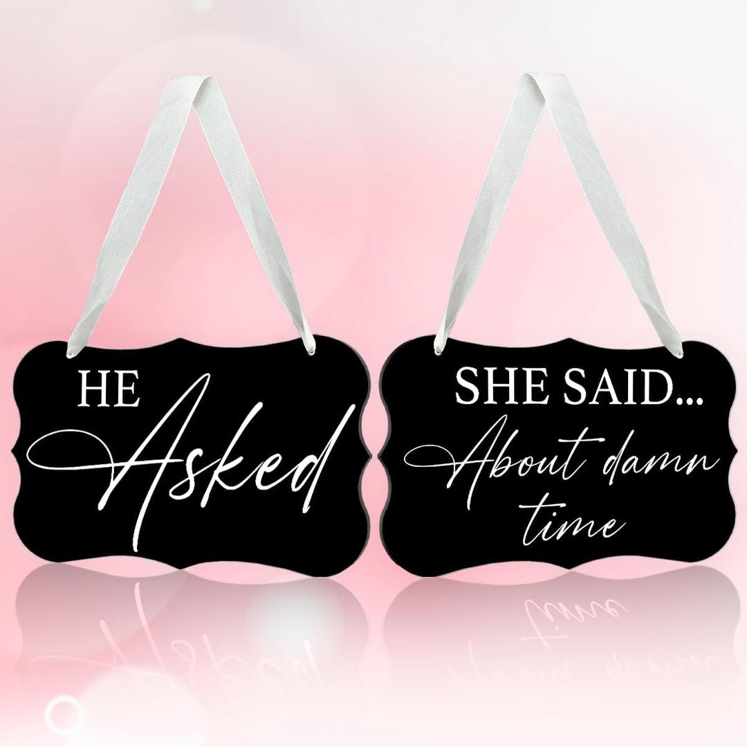 2 x 2 Pcs Acrylic Wedding Sign, Ring Bearer Sign, Rustic Wedding Decor Signs, Acrylic Wall Art With Ribbon for Chairs Weddings Decor and Event Party - He Asked She Said About Damn Time (Black)