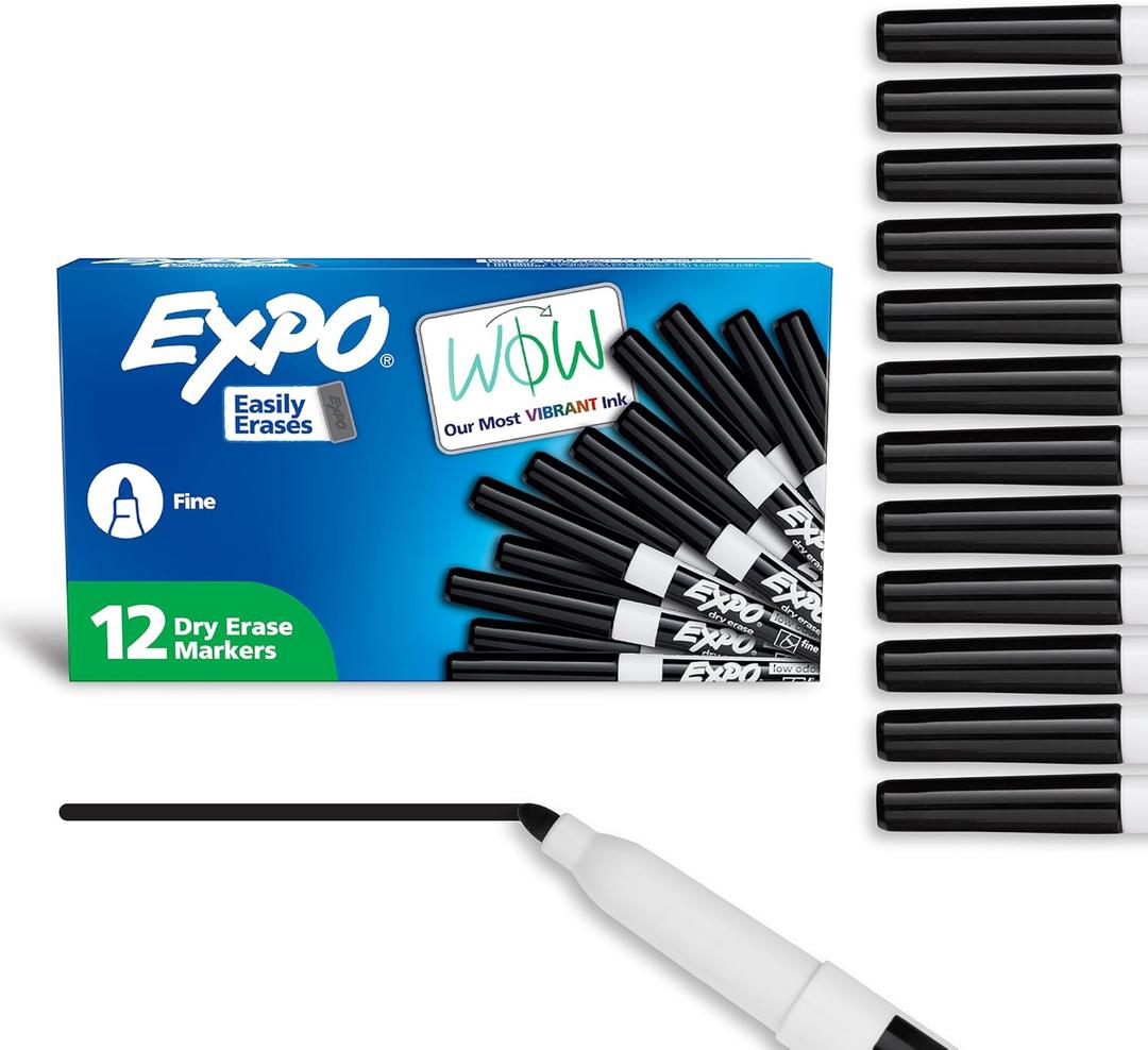 EXPO Dry Erase Markers, Low Odor Ink, Black, Fine Tip, 12 Count  Whiteboard, Calendar, Organization, Essential Supplies for Office, School, Classroom, Teachers