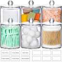 AOZITA 6 Pack Acrylic Qtip Holder Dispenser for Cotton, Swab, Ball, Round Pads, Floss Picks - Clear Plastic Apothecary Jar Set, Bathroom Canister Storage Organization, Vanity Makeup Organizer