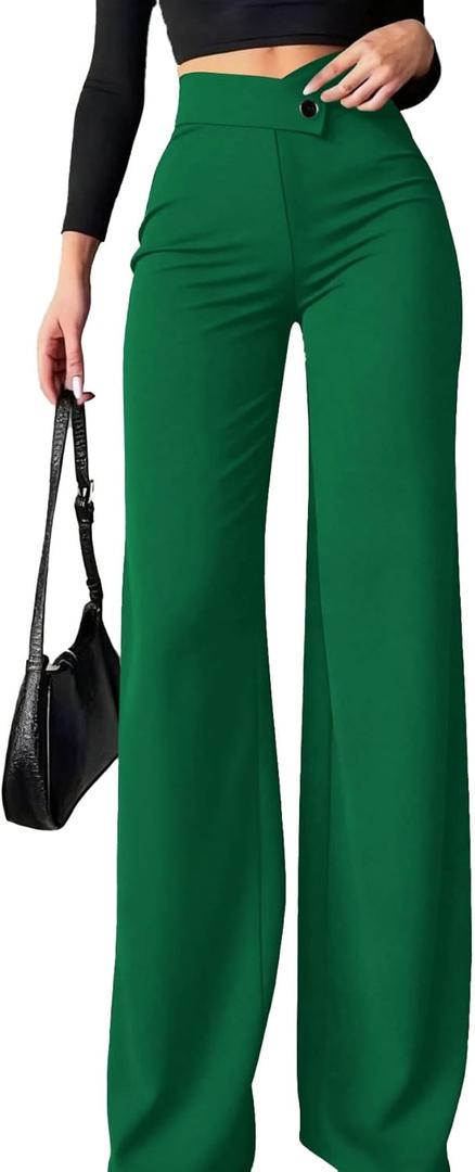 Ulovmi Women's High Waisted Wide Leg Dress Pants Business Casual Trousers Office Work Palazzo Pants,GreenSmall (Green, S)