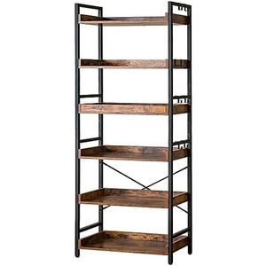 HCHQHS Adjustable 6 Tier Open Bookcase, Rustic Farmhouse Book Shelves, Industrial Wood and Black Metal Bookshelves, Mid Century Bookcase for Home Office Living Room Bedroom