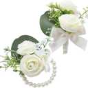Ivory Ranunculus Peony Wrist Corsage Wristlet Band Bracelet and Men Boutonniere Set for White Wedding Flower Accessories Prom Suit Decorations