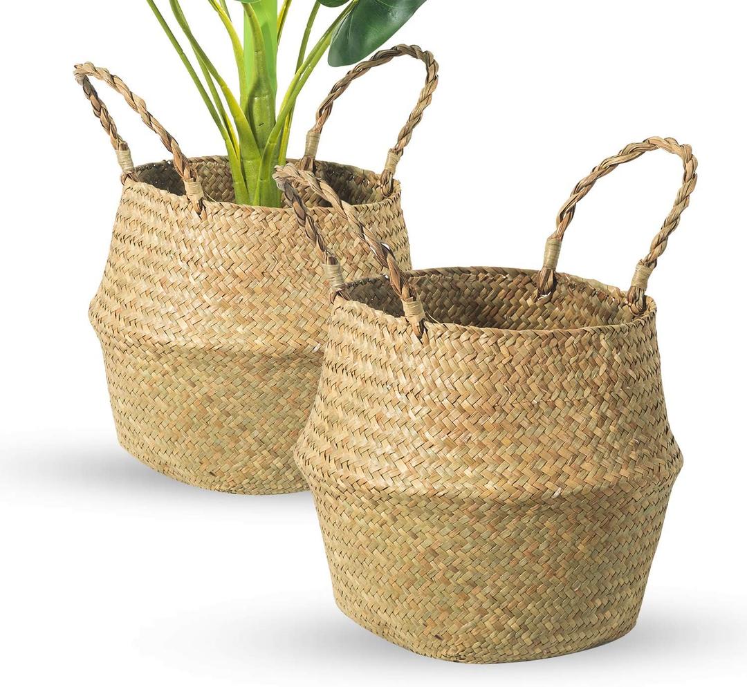 Seagrass Belly Basket, Set of 2 Woven Plant Pot Holder handmade Home Decor for Storage Plants Picnic Grocery Large(12.6 x 11.02 inch) (L(Set of 2))