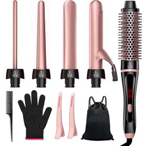 5 in 1 Curling Iron & Thermal Brush Set with 4 Interchangeable Ceramic Barrels (0.35-1.25) Fast Heat Dual Voltage Travel Hair Tools Birthday Gift for Women - Hair Curler Wand Kit for Curls & Blowout