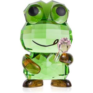 Crystal Frog Figurine - Glass Animals Desk Decor & Home Office Ornament, Collectible Art Gifts for Frog Lovers (Green Frog-pink Rose, One Size)