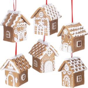 Funtery 6 Pcs Gingerbread House Ornaments for Christmas Tree Gingerbread Christmas Decor with Rope Xmas Hanging Ornaments for Tree Holiday Party New Year Home Decorations (White Frosting Style)