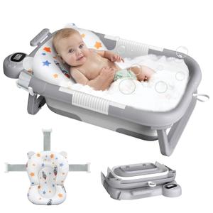 Collapsible Baby Bath Tub for Newborn to Toddler with Floating Cushion for Bath Support, Portable Baby Bath Tub with Real-Time Temperature Monitor, Baby Bath Essentials, Gray