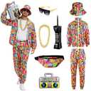 PWQMGY Retro 80s 90s Outfit for Men - 8-Piece Vintage 80s Halloween Costumes for Men-Tracksuit Set with Hip-Hop Accessories (Red, L)