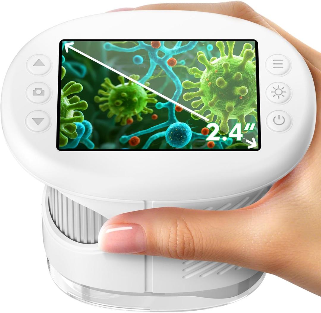 1000X Handheld Microscope for Kids, 4K 2.4" Screen Digital Kids Microscopes with 12 Slides, Portable Edu Toys Gifts for Age 3-12 Year Old Boys Girls Children Students(White)