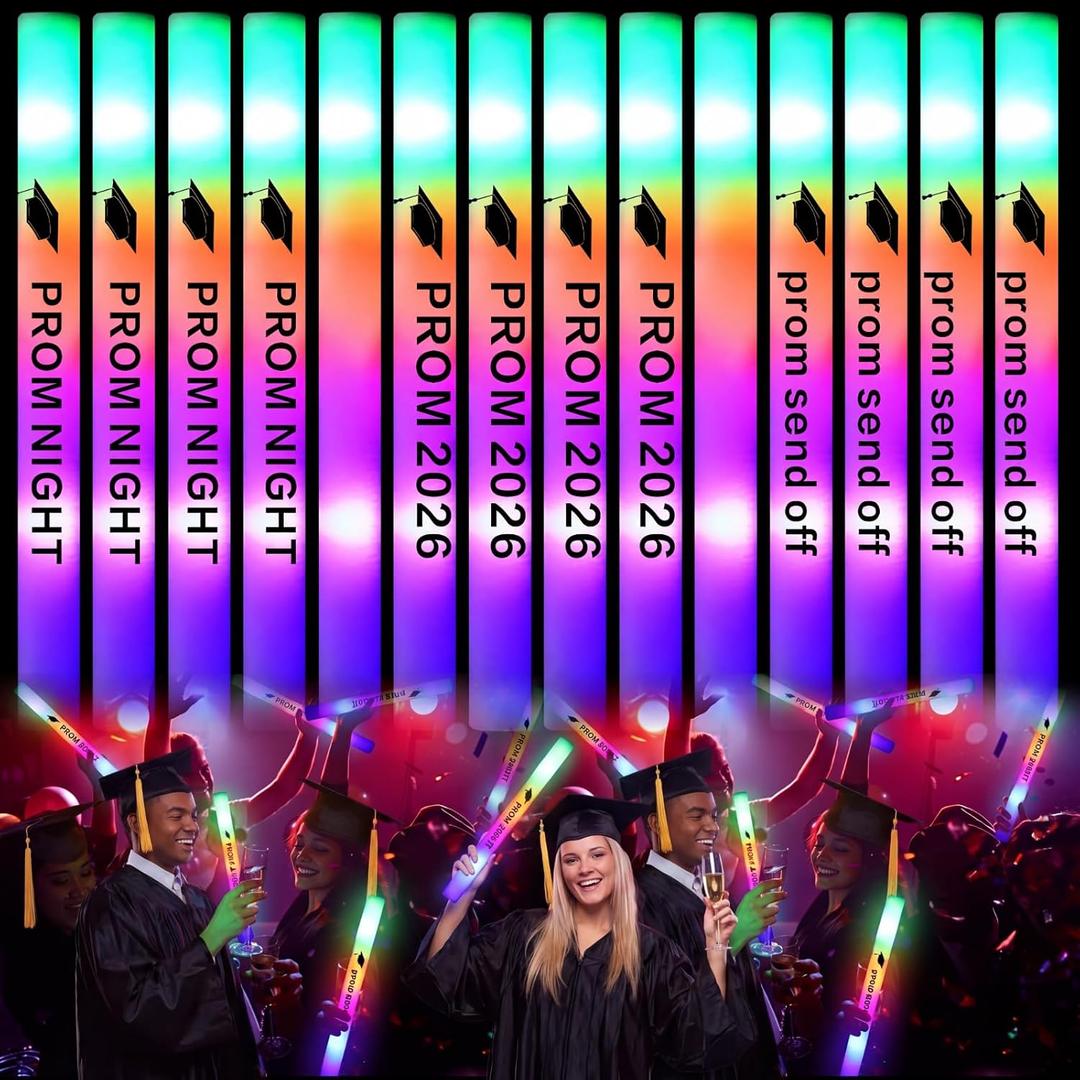 60 Pack Prom 2026 LED Foam Light Sticks Bulk Glow in The Dark Prom Night Send off 2026 Party Supplies with 3 Modes Colorful Flashing Senior High School Graduation Party Favors, Battery Powered