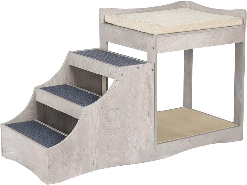 unipaws Pet Bunk Bed with Removable Step for Dogs and Cats, Multi-Level Bed Window Perch Seat Platform with Cushion and Cat Scratch Pad, Indoor Use (Medium, Grey)