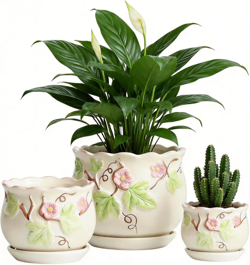 Vintage Flower Pots for Indoor Plant, Round Ceramic Plant Pots with Drainage Holes and Saucers, 6.7/3.9 Inches Retro Flower Planters Set of 2 (Morning Glory)
