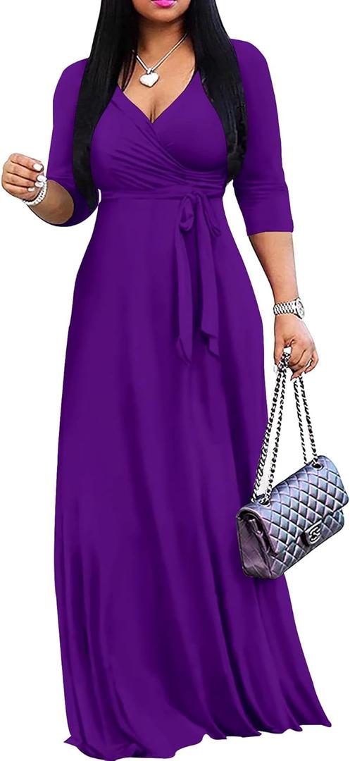Mrskoala Women Plus Size Long Maxi Wrap Dresses Summer Sundress V-Neck 3/4 Sleeve (Large, Purple)