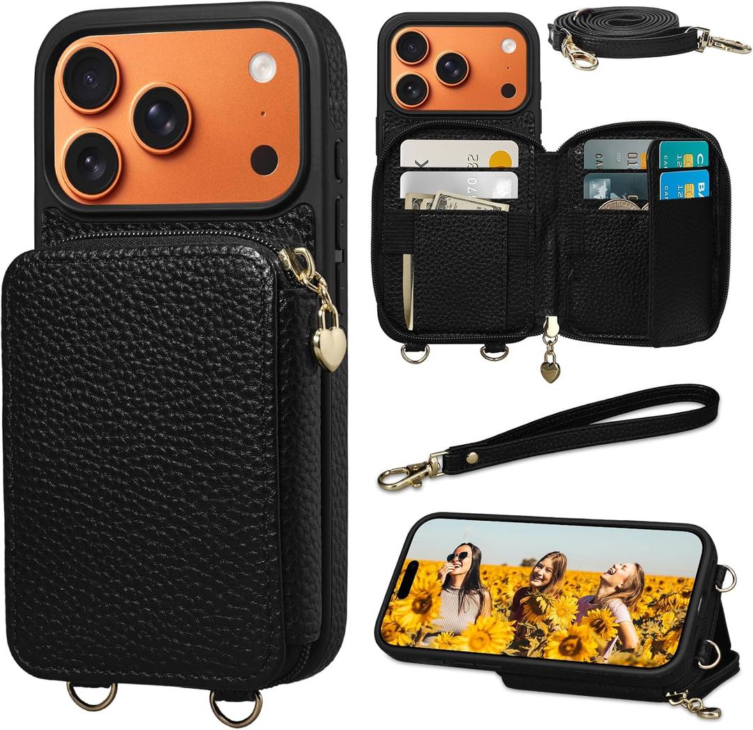 Keallce Case for iPhone 17 Pro 6.3'' Case Wallet, Crossbody Zipper Purse with RFID Blocking Card Slots Kickstand, Lanyard & Handstrap Flip Folio Leather Phone Cover for iPhone 17 Pro, Black