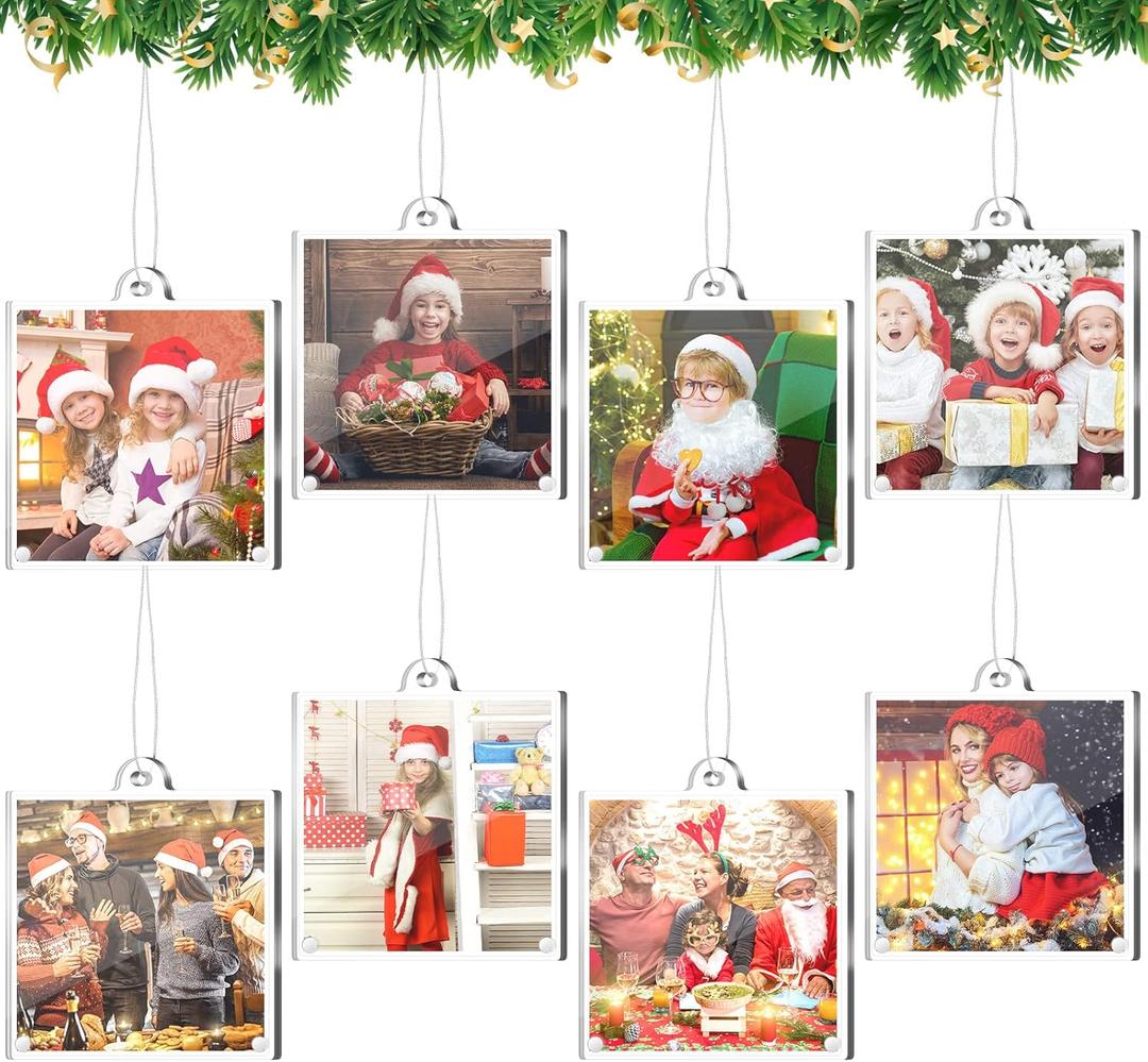 Weysat 8 Pcs Christmas Acrylic Photo Ornaments Hanging Picture Frame Ornaments Wallet Size Picture Frames for Christmas Tree Decoration Tear the Scratch Film Before Use(Square,3.14 x 3.14 Inch)